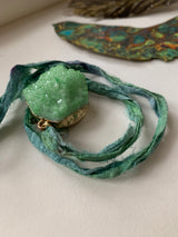 Peacock green crystal recycled sari ribbon bracelet