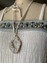 White crystal agate necklace with recycled sari ribbon