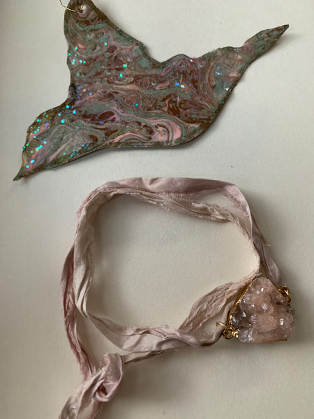 Amethyst crystal recycled sari ribbon bracelet