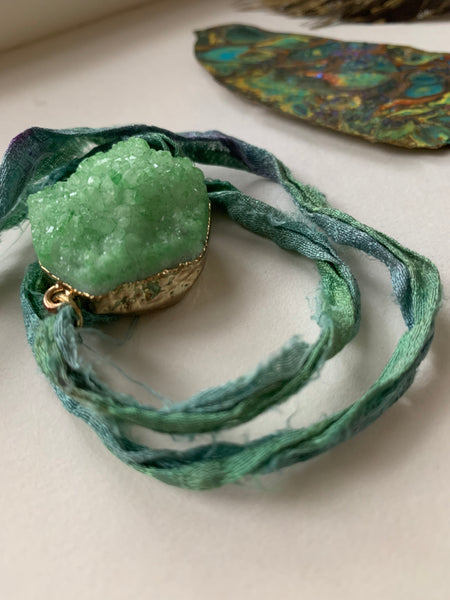 Peacock green crystal recycled sari ribbon bracelet