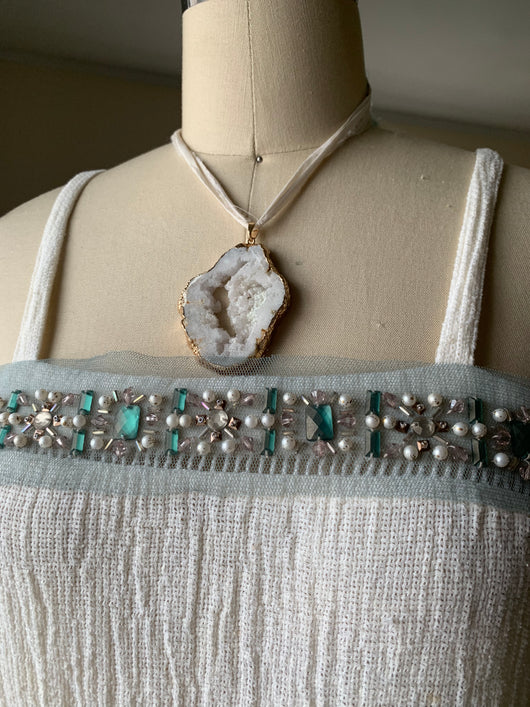 White crystal agate necklace with recycled sari ribbon