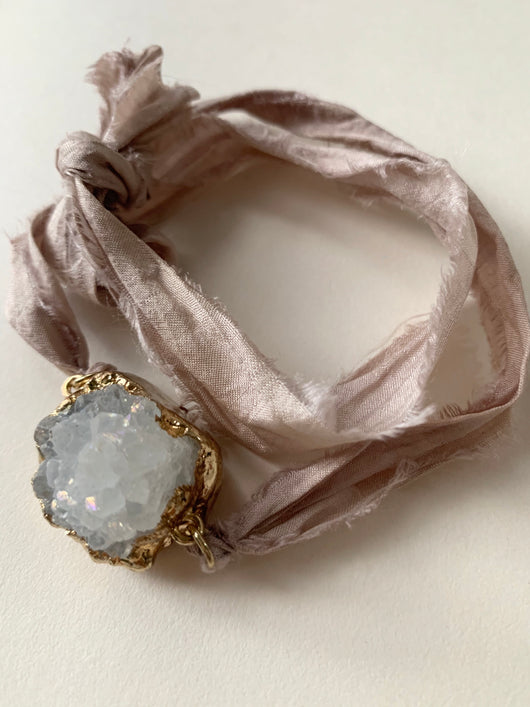 Aurora Borealis agate druzy recycled indian sari bracelet /choker