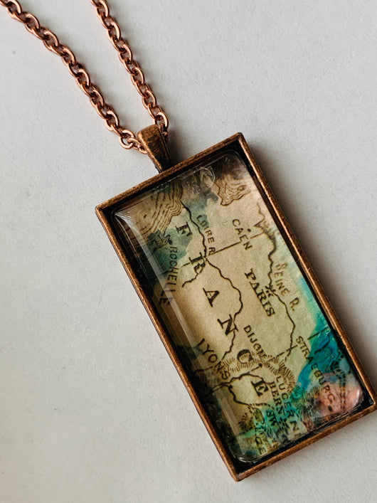 “Paris” France vintage map Recycled Glass Necklace